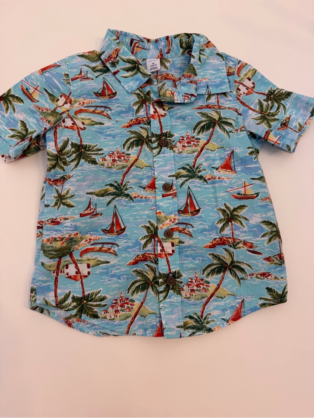Old Navy Light Blue Tropical Hawaiian   Sailboat Button-Down Shirt size 3T